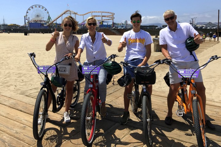 A family on electric bikes.