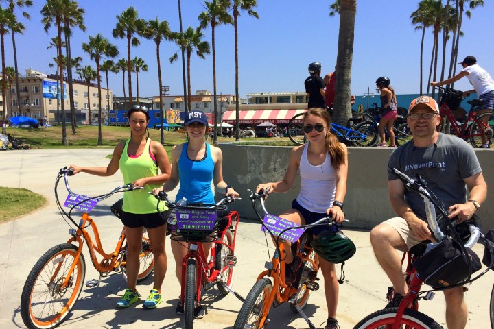 A family on electric bikes.